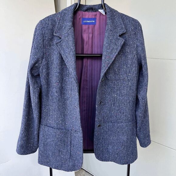 Vintage Liz Claiborne Wool Blend Speckled Blue Tweed Blazer, SZ 12 NWOT - Picture 3 of 9